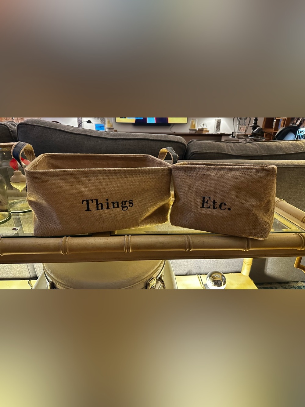 Set of Burlap Storage Bins in Natural Brown with Black Text “Things” and “Etc”